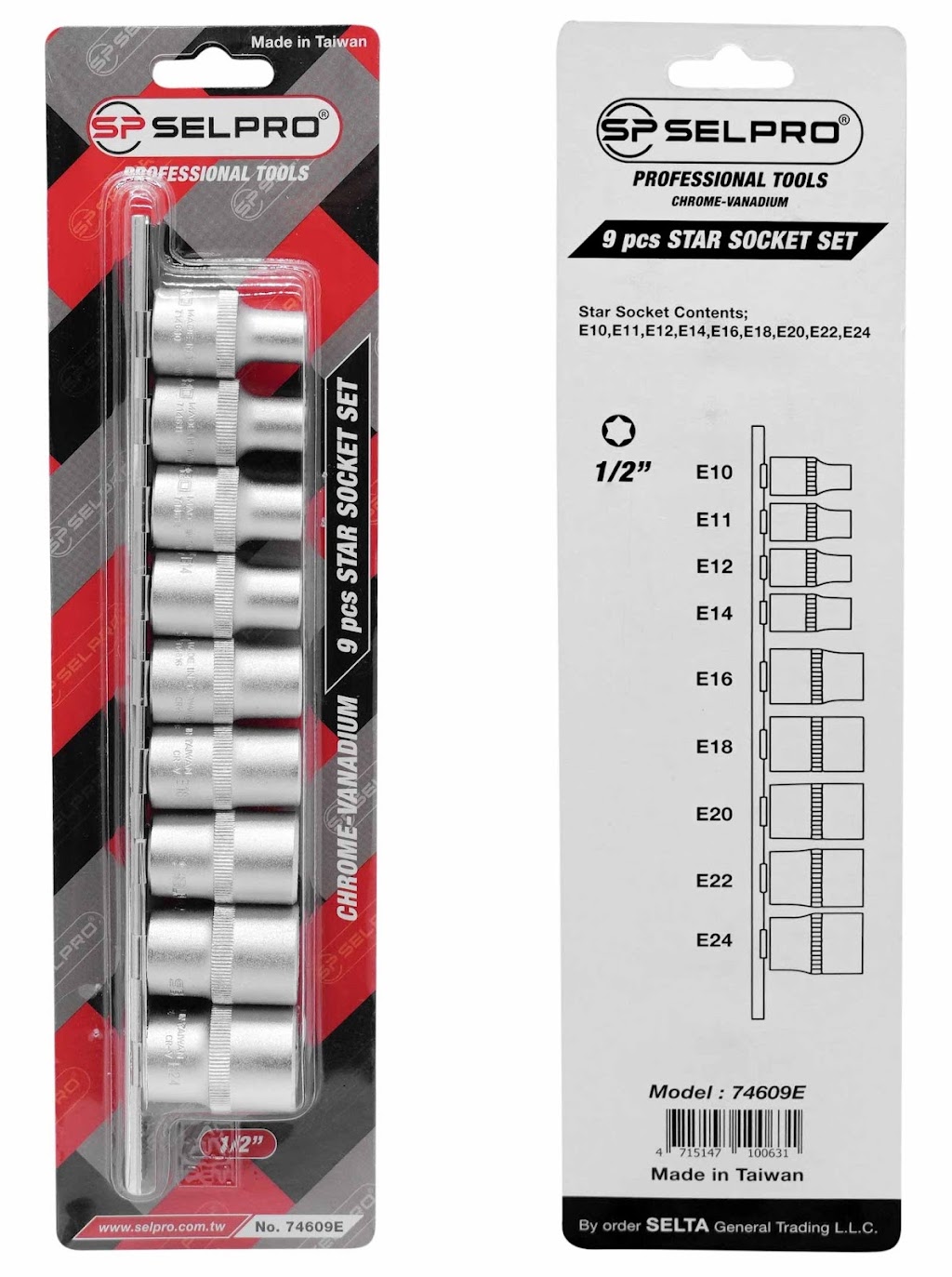 Selpro 1/2" Dr. 9 Pcs Short Deep E Star Socket Set.