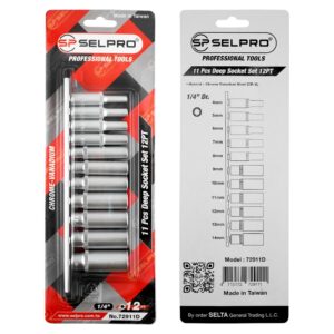 11 Pcs Deep Socket Set, 1/4" Dr. 12PT, Chrome Vanadium Ste