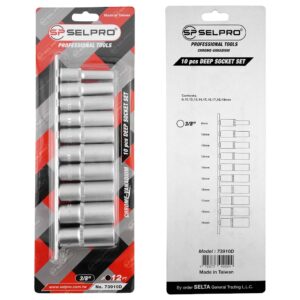 10 Pcs Deep Socket Set, 3/8" Drive, Chrome Vanadium Steel,